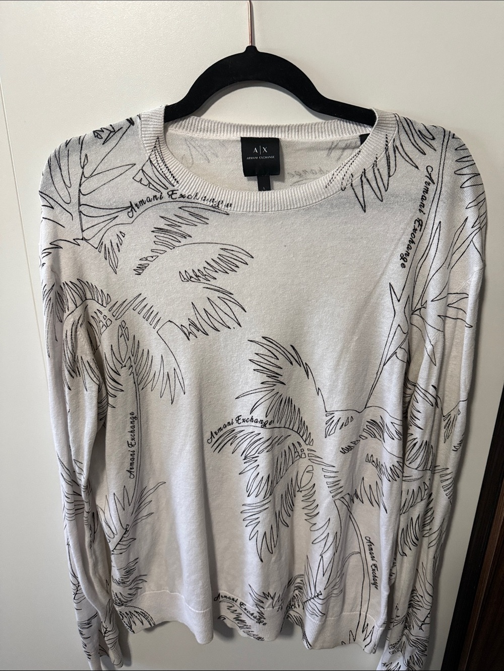 Armani Exchange White Crewneck Sweater with Black Palm Print
